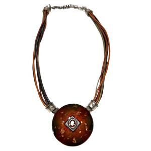 Chicos Medallion Statement Enamel Pendant Rhinestone Boho Tribal Earthtones